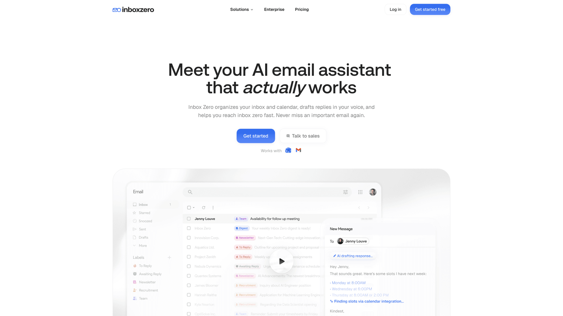 Inbox Zero homepage showing "Meet your AI email assistant that actually works" headline with product UI and Get Started CTA
